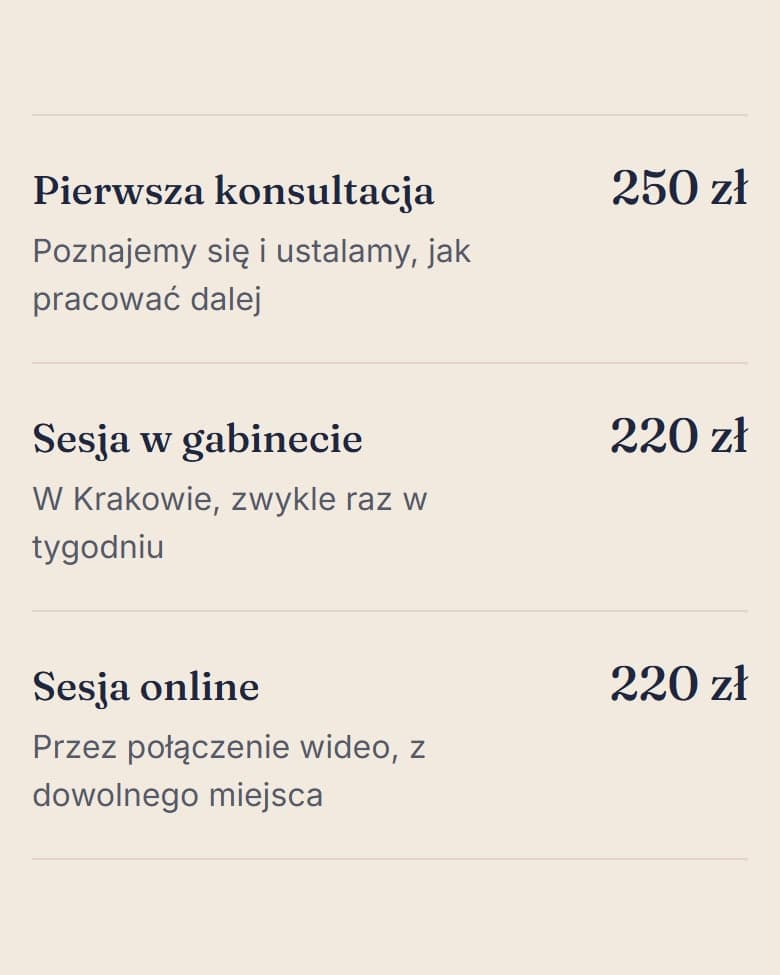 Strona Widnokrąg na telefonie: Cennik z długością sesji